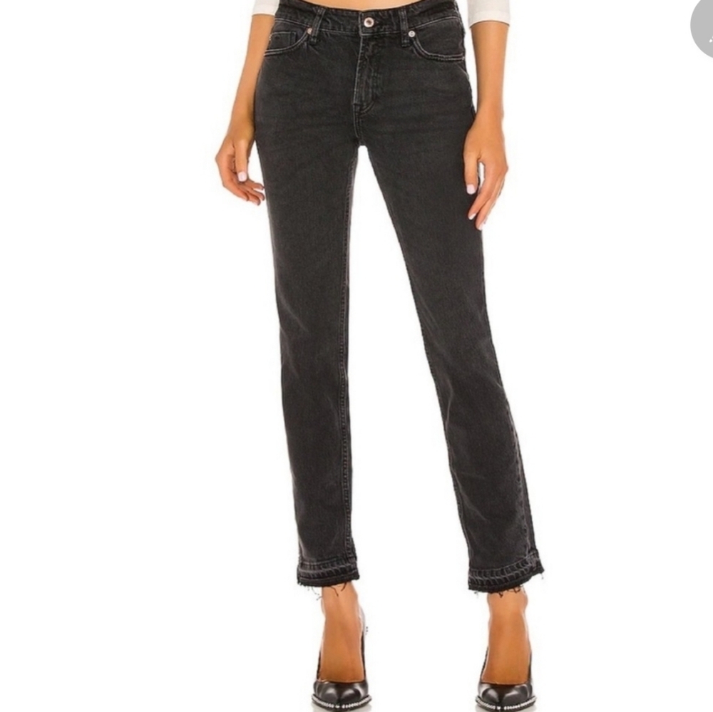 Free People We The Free Cuffed Slim Boyfriend Jeans Mid Rise Faded Black 24